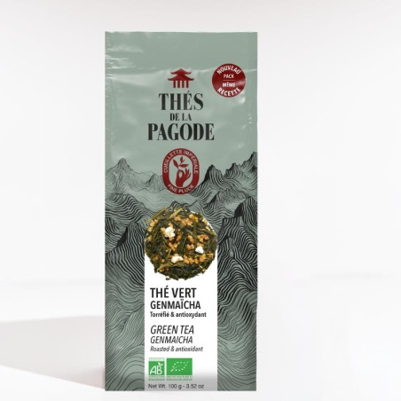 Un thé vert genmaicha traditionnel au riz soufflé - face