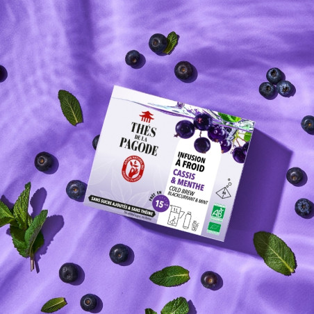 Infusion glacée cassis menthe prête en 15 minutes - Thés de la Pagode - Innovation infusion à froid rapide - avec fruits
